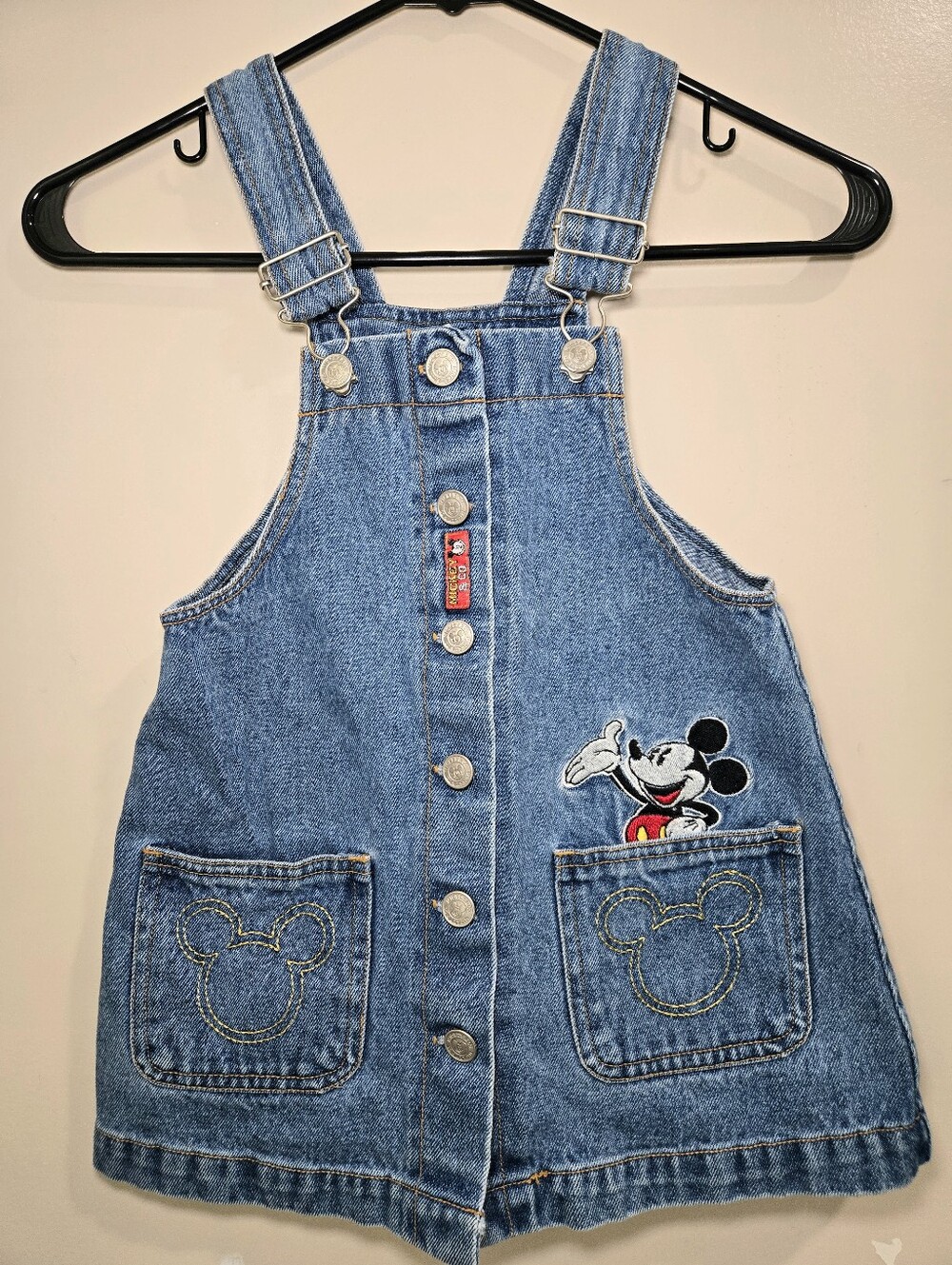 Vintage Disney Mickey Mouse Girls Denim Overall Dress Embroidered Blue Size 5/6